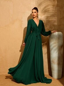 LOVE&LEMONADE Elegant Women's Deep Green Long Sleeve V-Neck Tie Waist Flowy Maxi Party Dress Wedding Spring - Green - View 2