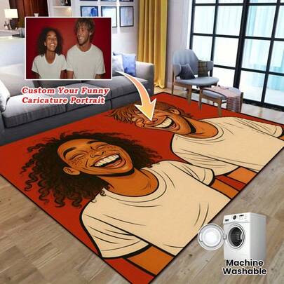1pc Custom Photo To Cartoon Portrait Rug - Personalized Family Friends Gift - Modern Home Decor - Upload Your Photo - Non-Slip, Machine Washable Polyester Mat For Bedroom, Office, Vibrant Illustration - Living Room