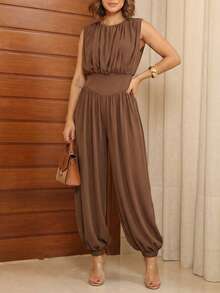 Women's Elegant & Fashionable Jumpsuit - Sleeveless Top Paired With Waist-Slimming Tapered Pants, Minimalist Style Suitable For Daily Outings, Spring/Autumn - Light Brown - View 4