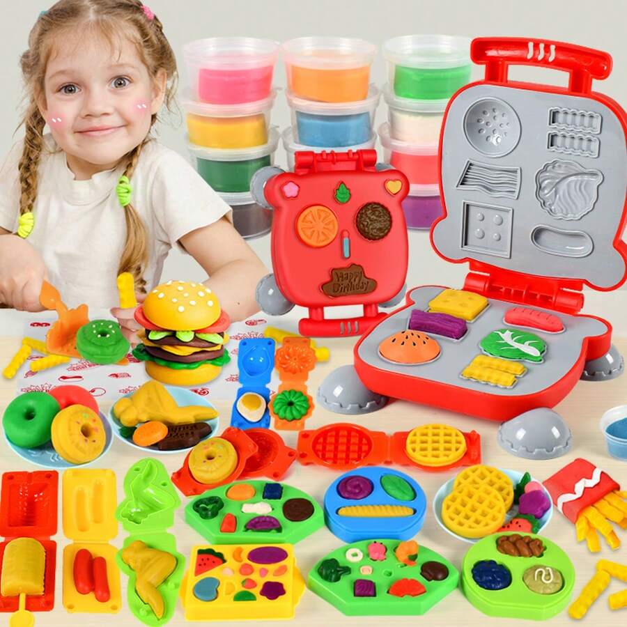 3+ Years Old Kids Toy Kitchen Clay Set, Includes Hamburger Maker, With Clay And Tools, Helps Develop Fine Motor Skills And Color Recognition, Suitable For Indoor Play And Holiday Gatherings, Ideal Birthday And Holiday Gift For Boys And Girls - Multicolor - View 1