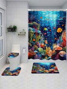 Ocean World Cartoon Series Bathroom Set - Bathroom Curtain, Polyester, Washable, 1pc/4pcs | Shower Curtain, Bath Mat, Toilet Seat Cover - A - View 21