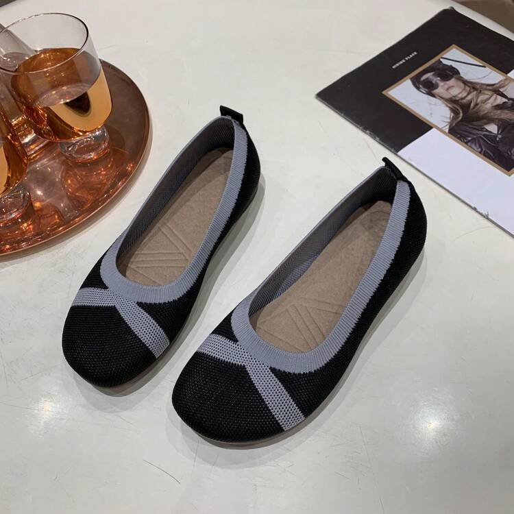 Giày lười dệt kim phối màu tương phản, giày đế mềm đa năng tiện dụng cho nữ đi làm. - màu đen - Xem 5