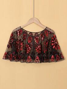 1pc Sequin Shawl Collar Mesh Yoke Top - Multicolor - View 15