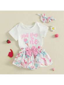 Half Way To One Newborn Baby Girls Birthday Outfits Letter Print Romper Bodysuit Top + Strawberry/Ice Cream/Orange/Watermelon Print Shorts + Bow Headband 3Pcs Clothes Set - 西瓜粉 - 查看 2