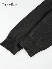 Plus Size Women Solid Color V-Neck Drop Shoulder Long Sleeve Casual Loose Sweater, Autumn/Winter Black - Black - View 7