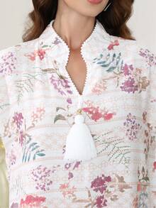 ASBB 耐穿 3D 刺繡彩色印花阿拉伯女式 JALABIYA 連衣裙，附流蘇飾邊，V 領拼接百褶清新白色優雅洋裝，2026 春夏休閒穿搭 - 杏色 - 查看 3