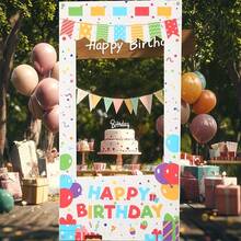 1 peça de moldura para fotos com balões coloridos, confete e caixas de presente de aniversário. Tamanhos: 120*60/180*90/210*105 cm. Ideal para fotos e decoração de festas de aniversário, tanto em ambientes internos quanto externos. - Multicolorido - Ver 12