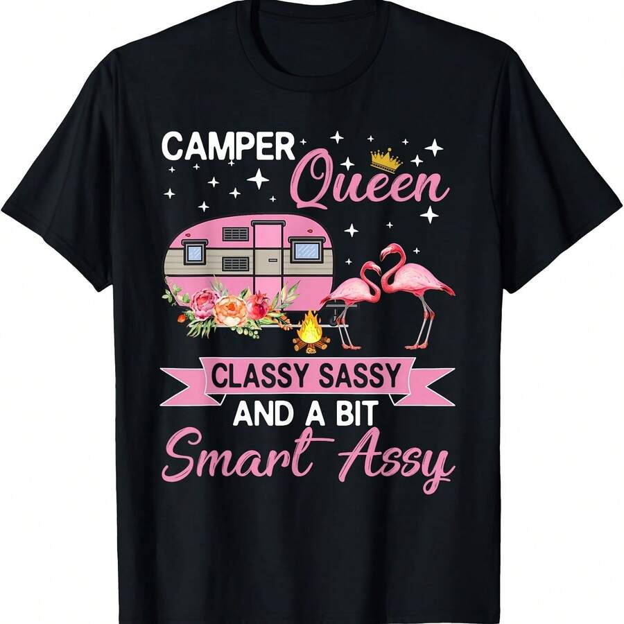 Camiseta para mujer Camper Queen Cly Sy art y Camping RV Gif - Negro - Ver 1