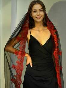 1 mảnh ren thủ công phong cách Gothic màu đen dài đến tận nhà thờ cho cô dâu, thích hợp cho tiệc ngày lễ, dịp trang trọng - màu đen - Xem 2