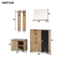Hallway Wall-Mounted Wardrobe Set; Wardrobe Set With Bench And Shoe Rack, 1 Mirror, 1 Drawer, 2 Hooks, 4 Doors, Natural And Black, W 140 * D 35 * H 139 Cm - Wood Color - View 11