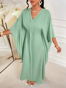 Amarilo 女士春夏优雅V领连衣裙，荷叶袖宽松蝙蝠袖下摆，适合各种节日穿着 - 豆綠色 - 查看 1