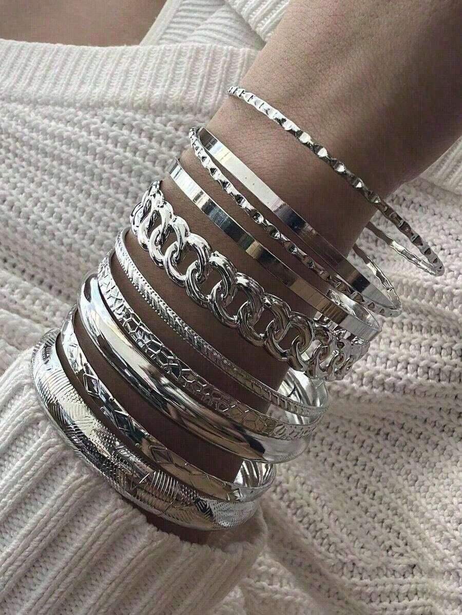7pcs Exaggerated Personality Hammered Hexagram & Open Bangle Bracelet Set - bạc - Xem 1