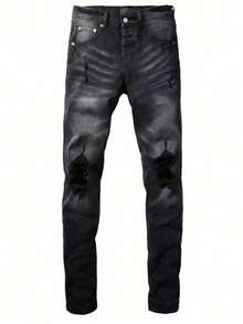 2026 New Men's Black-Purple Stardust Mini Flared Jeans Elastic Material Small Hole Slim Fit Stylish Daily Wear Casual Denim Pants - 黑色 - 查看 3