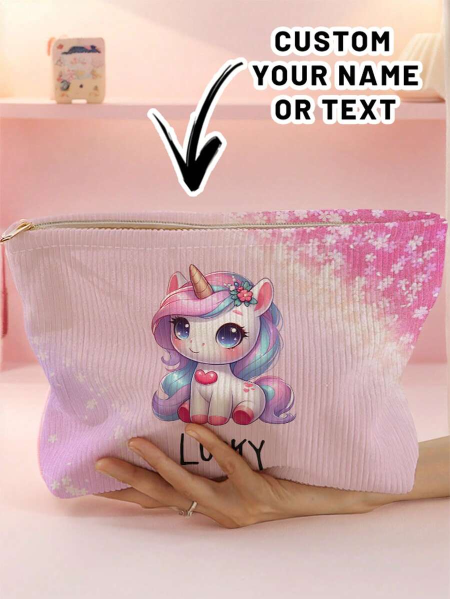 1pc Customized Name Cartoon Pony Pattern Corduroy Toiletry Storage Bag, Perfect Choice For Organizing Toiletries When Traveling, Can Be Customized According To Your Unique Design, Very Suitable For Children, Print Your Own Name Or Print Your Sister's And Classmates' Names As A Gift To Give To Others