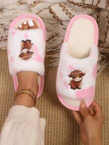Pantufas femininas felpudas com tiras cruzadas e bico aberto, pantufas antiderrapantes para uso interno com design 3D moderno. - Rosa - Ver 9
