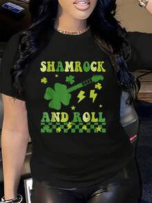 100% Cotton Shamrock And Roll St Patricks Day Retro Groovy Guitar Player T-Shirt Women's Short Sleeve T-Shirt Comfort Soft Crew Neck Tee Tops - màu đen - Xem 1