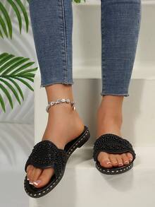 2025 Neue französische Kristall-verzierte quadratische Zehenflattsandalen für Frauen, elegante Slip-On, geeignet für Kleider, Frühling/Sommer/Herbst - Schwarz - Übersicht 5