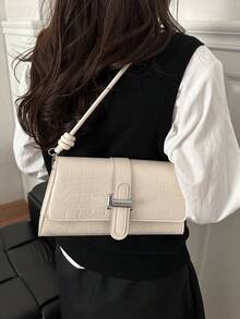 Tas Bahu Minimalis Vintage Elegan dengan Penutup Asimetris Motif Buaya Warna Polos yang Modis - Krem - View 7