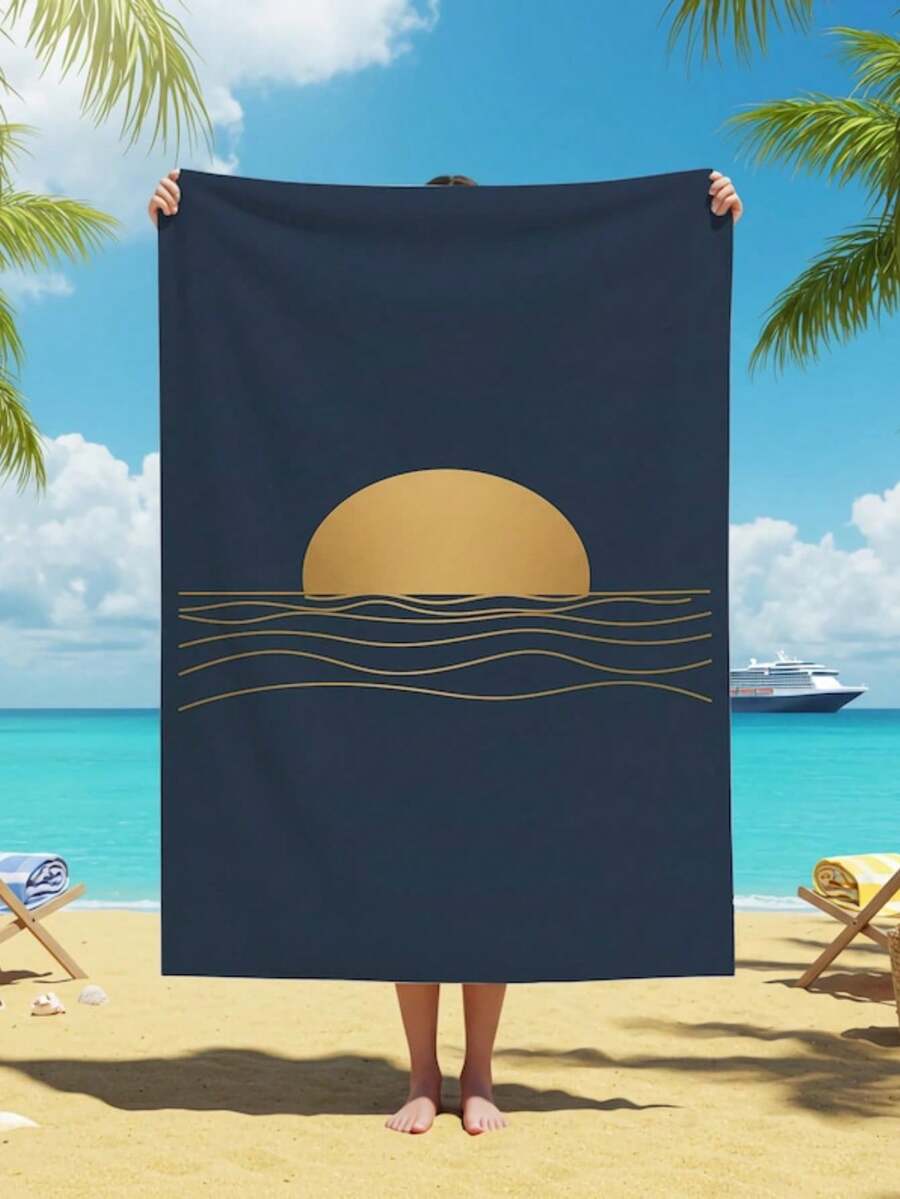 Elegant Sun Beach Towel, Minimalist Gold & Navy Ocean Design, Luxurious Coastal Style, Relaxing Vation Essential, Gift Idea,  Her. - Image Color - View 1