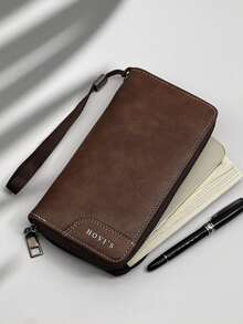 HOVI'S Men Long Wallet Retro Brown Pebbled PU Leather - Zipper Closure Detachable Wrist Strap Large Capacity Phone & Card Holder Business Casual New Year Gift Valentine's Day Gift - Brown - View 5