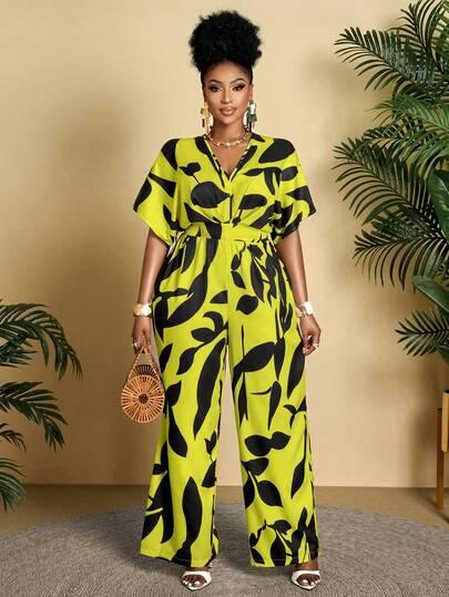 BIUBIU Plus Size Lime Green Floral Print Jumpsuit - Batwing Sleeve Wide Leg V Neck Outfit For Summer Vacation & Party