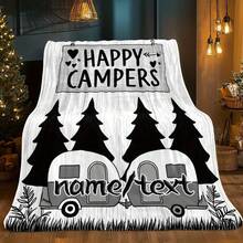 1pc Personalized Camping Blanket - Custom Name/Text, Soft Lightweight Flannel Throw With Happy Campers, Pine Trees & Vintage Trailers - For Home, Camping, Gifts - Birthday, Anniversary, Housewarming Present - All-Season Cozy Decor, Outdoor Essentials, Playful Design, Durable Material, Home Decorators - White - View 6