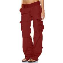 Vintage French Style Wide-Leg Women's Multi-Pocket Casual Loose Straight-Leg Cargo Pants - 酒紅色 - 查看 8