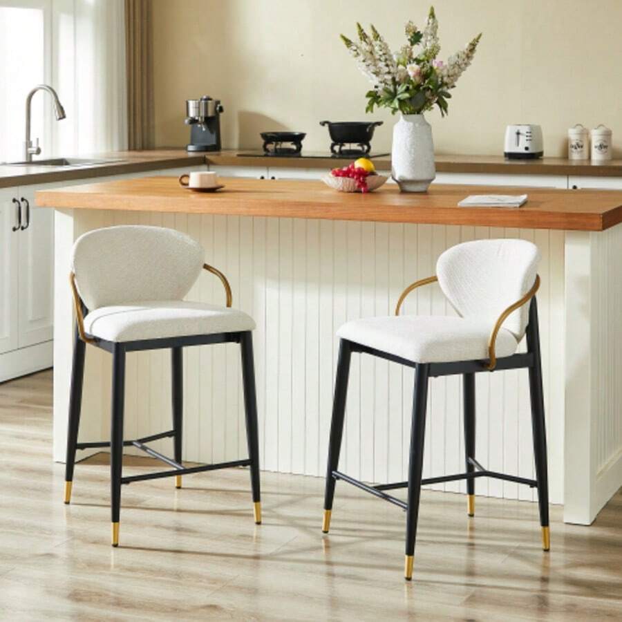 Set Of Two Height-Adjustable Beige Chenille Bar Stools With Contrasting Black And Gold Details. Includes One High Stool With Backrest And Leg Rest, Ideal For Kitchen Islands. - Beige + Black + Gold - View 1