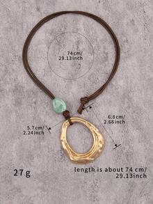 1件极简主义椭圆形不规则合金吊坠项链，棕色蜡绳串珠长项链，波西米亚风格项链，时尚女士礼物，适合派对和晚宴佩戴 - 金黃色 - 查看 9