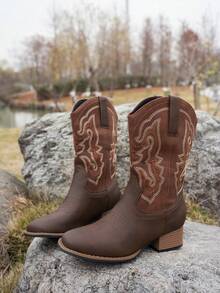 女士西部风格刺绣方头粗跟假日西部靴 - 棕色 - 查看 13