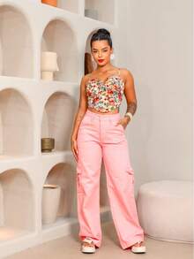 Women's Wide Leg Pants, Multicolored Pink, Casual, With Pockets, Button, And Zipper, For Everyday Wear. - Baby Pink - View 3