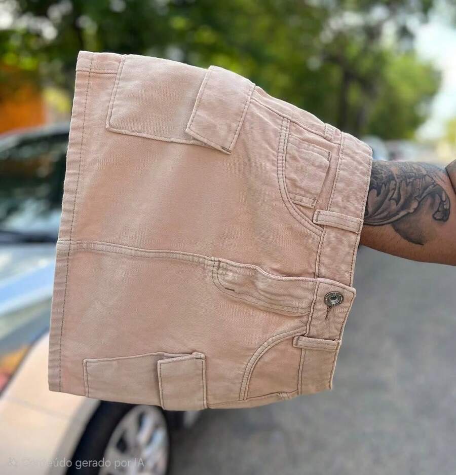 Graphite And Blue Denim Cargo Skirt With Side Pockets. - Màu be - Xem 1