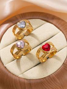 1 Peça Anel de Aço Inoxidável Fundido com Zircônia Cúbica Coração Elegante Vintage, Adequado para Uso Diário ou Festivo de Mulheres - anel - Visão 1