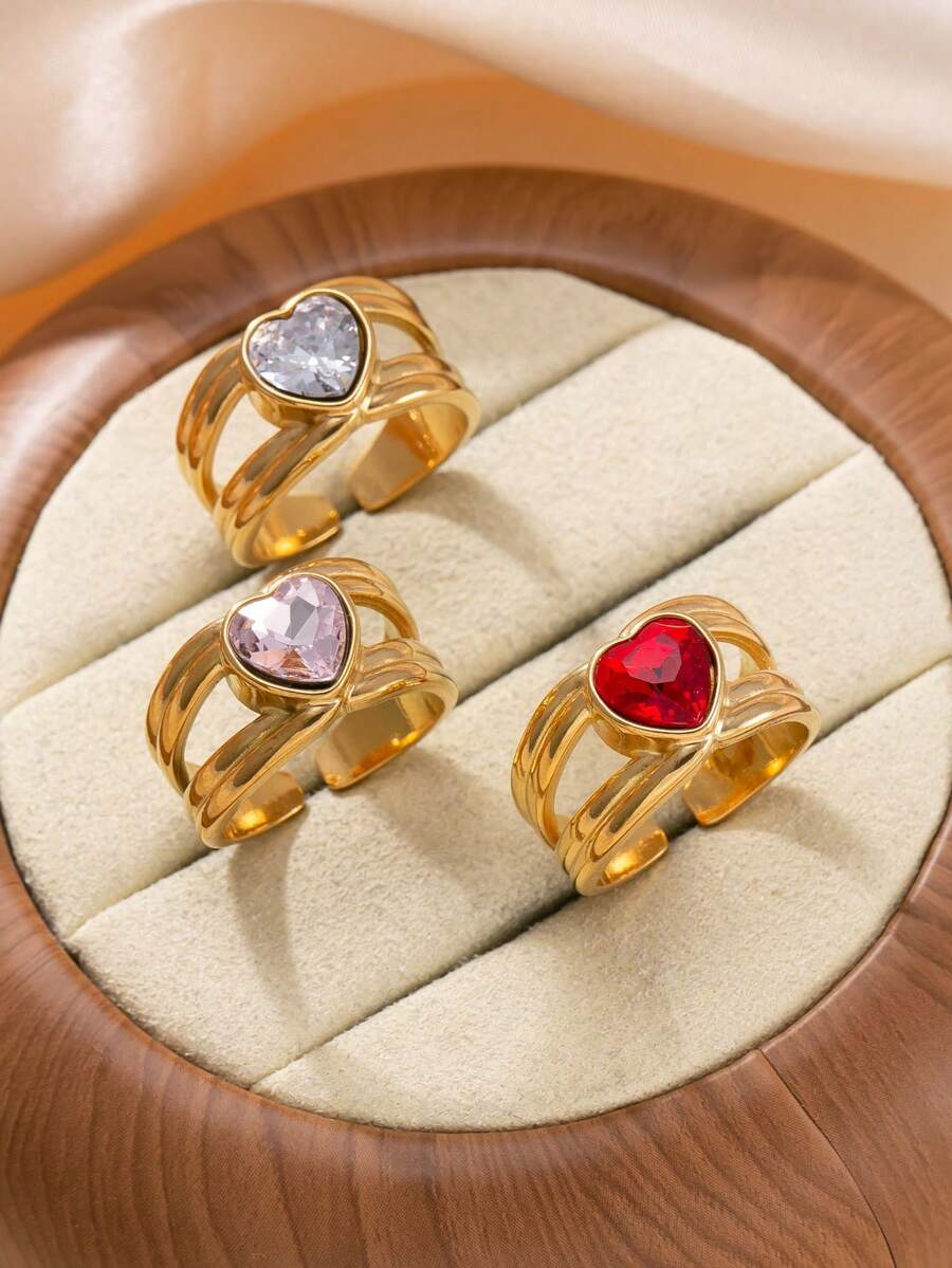 1 Peça Anel de Aço Inoxidável Fundido com Zircônia Cúbica Coração Elegante Vintage, Adequado para Uso Diário ou Festivo de Mulheres - anel - Visão 1