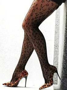 1件朋克风黑色豹纹渔网连裤袜，女士大腿高筒紧身设计，街头酷女孩迷你裙派对装扮必备单品，四季皆宜，性感舒适，高弹防勾丝长筒袜 - 黑色 - 查看 5