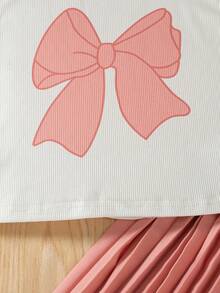 Girls' Casual Bow Print Sleeveless Top And Pleated Long Skirt 2 Pieces Set, Suitable For Spring/Summer - Pink - View 5
