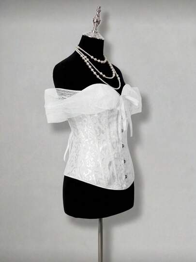 White Lace Bridal Corset Bustier Wedding Lingerie Top Off-Shoulder Sweetheart Bodice Shapewear With Matching Thong