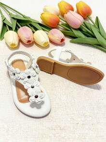 1双时尚幼儿/小女孩人字拖凉鞋，适合6-12岁女孩的百搭夏季凉鞋，适合海滩和日常穿着，小学生凉鞋，花卉装饰，时尚休闲，旅行和度假 - 白色 - 查看 4