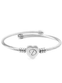 1pc Stainless Steel Heart-Shaped Bangle With 26 Alphabet Letters, Unisex Fashion Minimalist Style Bracelet, Suitable For Daily Wear, Parties, And Gifts - Silver - View 15