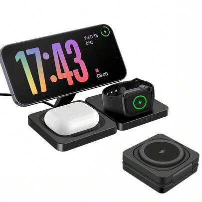 三合一充电站，兼容苹果设备，15W可折叠磁吸无线充电器，旅行充电板，兼容 17/16/15/14/13 Pro Max Plus，兼容，兼容