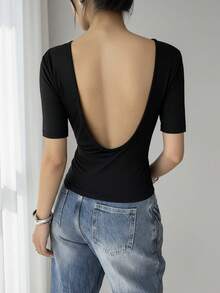 Áo croptop hở lưng VIBEWAVE dành cho nữ, thiết kế độc đáo, gợi cảm kiểu Mỹ, chất liệu cotton nguyên chất, tay ngắn, màu đen. - màu đen - Xem 6