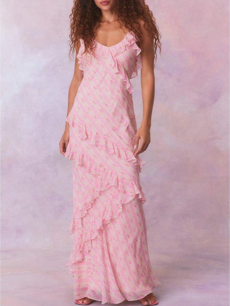 Women Summer Floral Bodycon Maxi Dress V Neck Halter Sleeveless Casual Wedding Guest Party Elegant Long Dresses - 粉色 - 查看 1