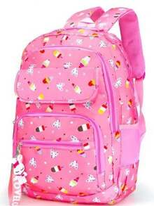 Girls' School Backpack, Reinforced Polyester Youth Bag - YT-1306 Pink With Details - View 2