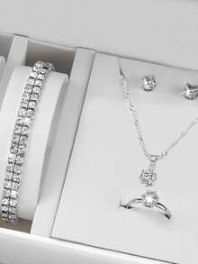 4pcs Women's Elegant Quartz Watch Set (Including Silver Mesh Band Black Dial Quartz Watch, Full Diamond Silver Bracelet, Single Diamond Necklace, Single Diamond Ring And Earrings) - Silver - View 9