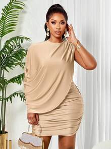 BIUBIU Plus Size Beige Elegant Party Dress - Draped Sleeveless Ruched Bodycon Mini Dress Suitable For Summer Vacation And Events - Apricot - View 5