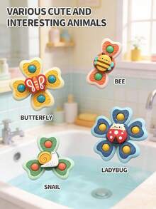 4pcs/Set Cute Insect Shaped Suction Cup Rotating Toys, Sensory Bath Toys, Helps Soothe Emotions And Sleep, Suitable For Bathtub, Sticks To Smooth Surfaces - Multicolor - View 3