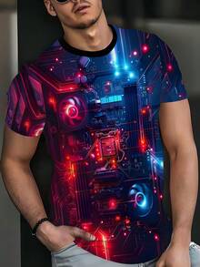 男士3D数码印花T恤，朋克风街头时尚休闲短袖T恤，夏季 - 白色 - 查看 3