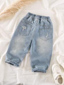 Quần jean denim dáng rộng, in họa tiết rách rưới dành cho bé trai, thích hợp cho mặc thường ngày, đi học, dã ngoại, mùa xuân. - Màu xanh nhạt - Xem 2