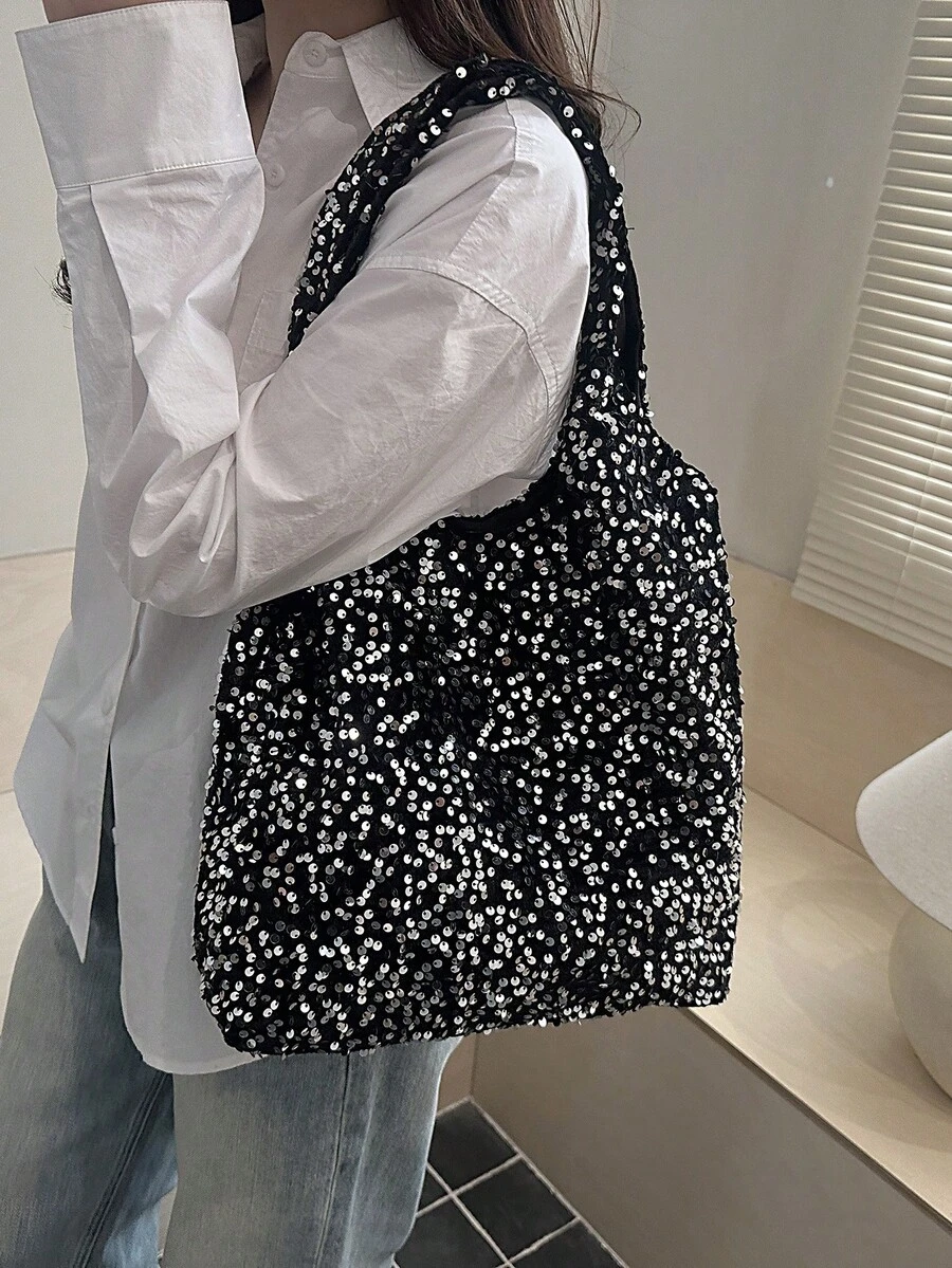 Fashionable Sequin Tote Bag, Chic Starry Sky Glitter Shoulder Handbag, 2026 New Arrival - Silver - View 1