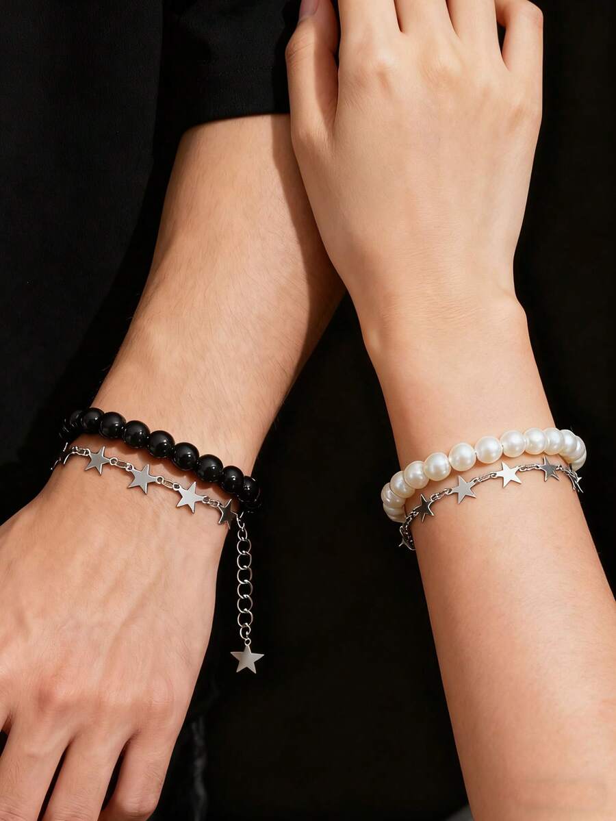 2pcs Handmade Beaded Black & White Star Sequin Stackable Bracelets, Minimalist Couples Everyday Wear - Black and White - View 1